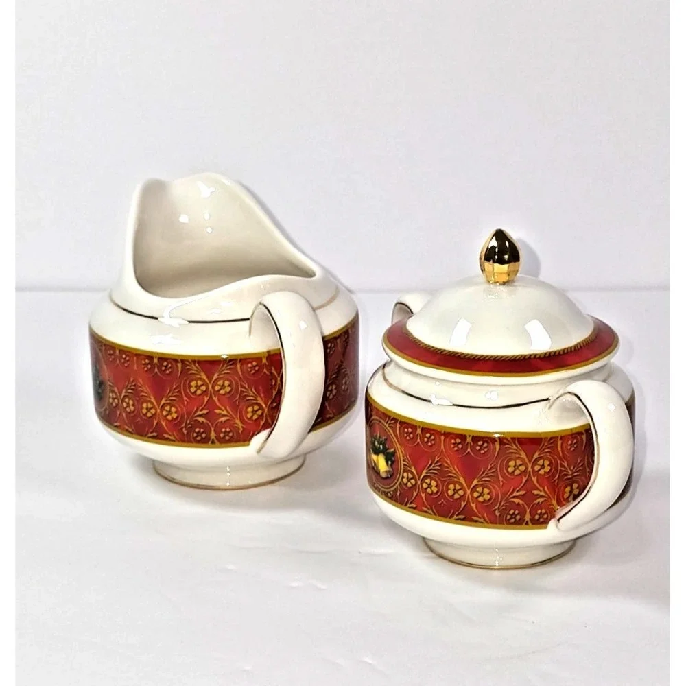gund john grossman christmas creamer and sugar bowl‎ set ceramic 2008 red gold